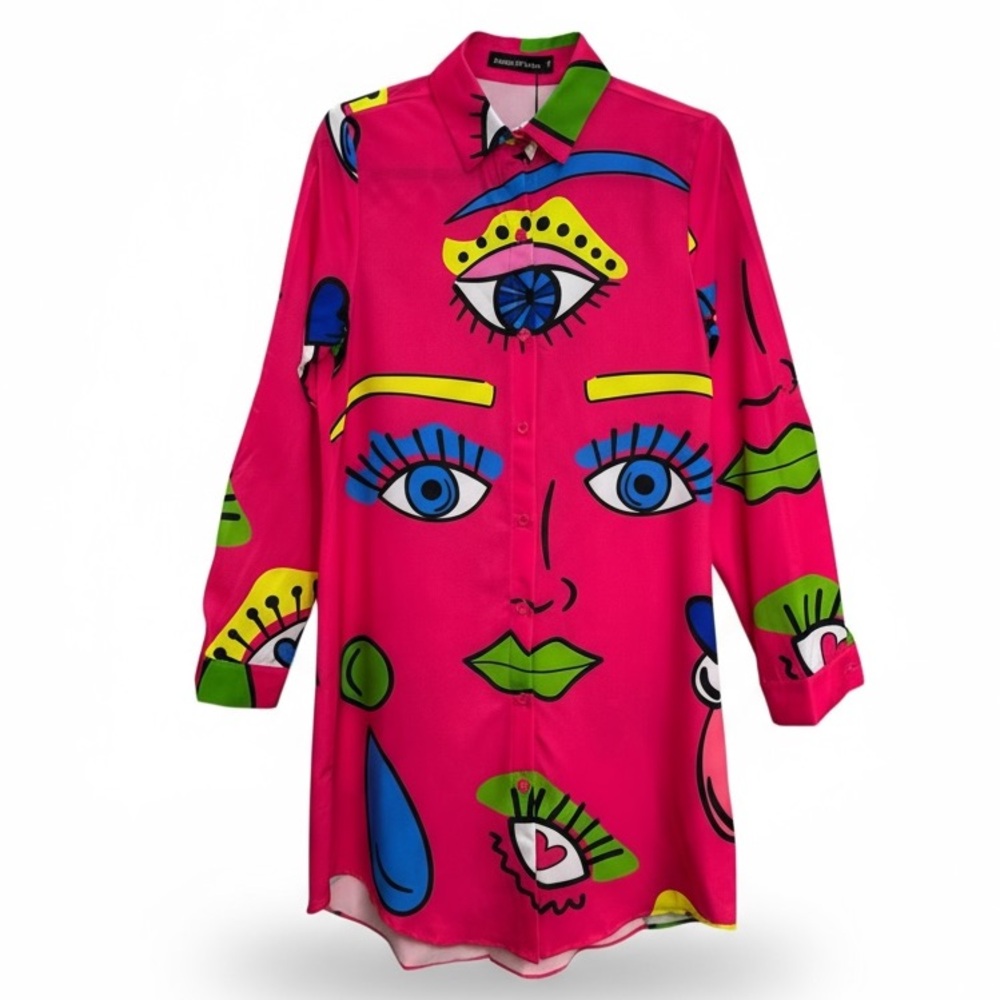 Denim Love Women’s Vibrant Pink Graphic Long Sleeve Dress Size S *2144